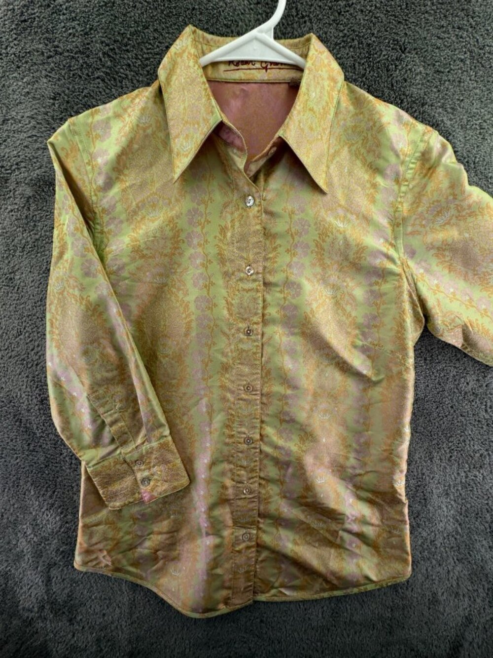 Robert Graham Women Shiny Floral Print Button Up Small Shirt Green Pink L/S
